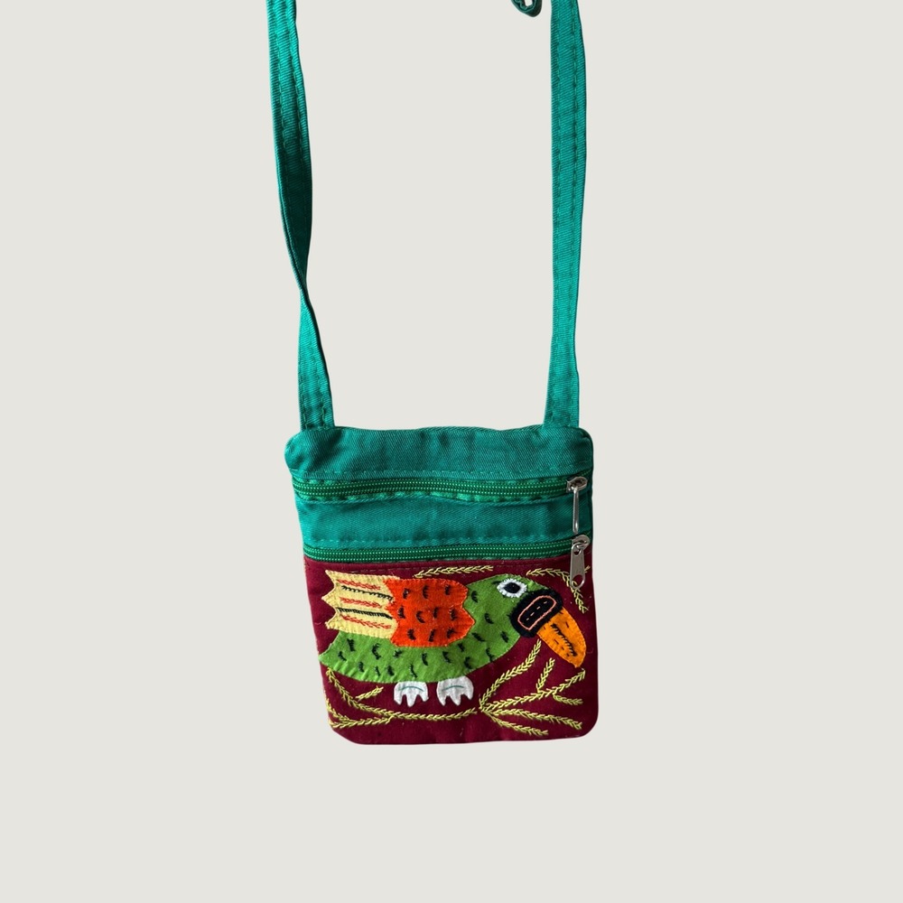Canvas Crossbody Bag Small Green Red Embroidered Toucan Boho Folk Art Handmade